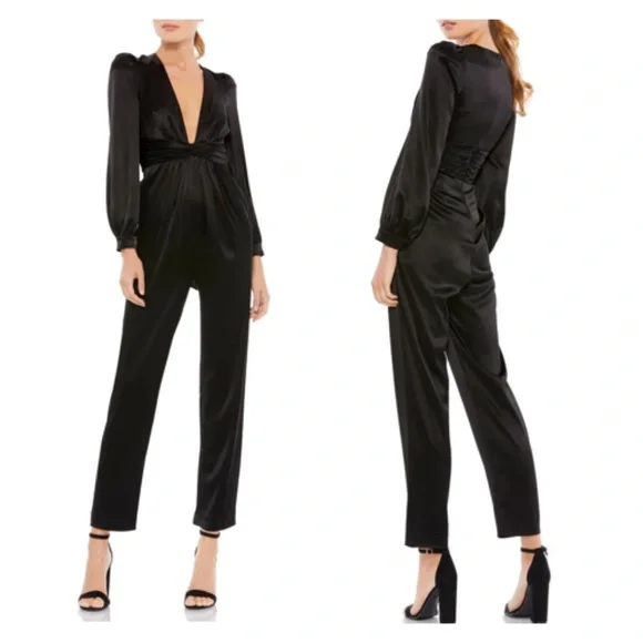 IEENA FOR MAC DUGGAL Evening Ruched Plunging Neck Jumpsuit Black 12 NWOT NEW - Picture 1 of 10